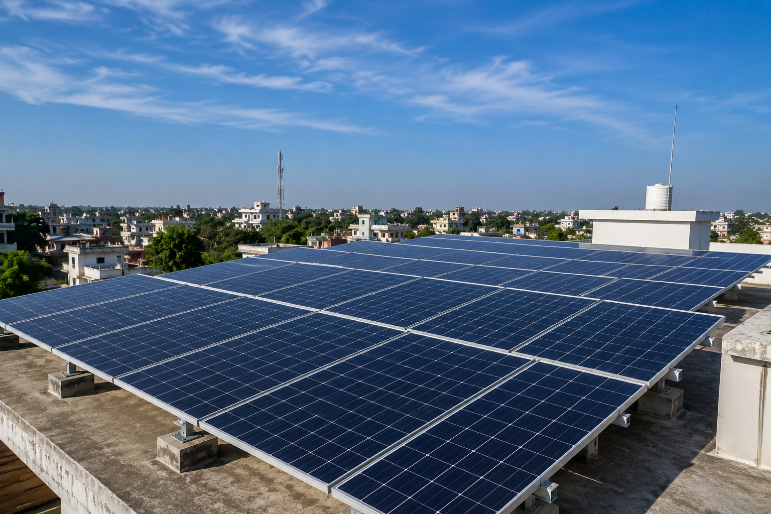 Rooftop solar panel array under clear sky