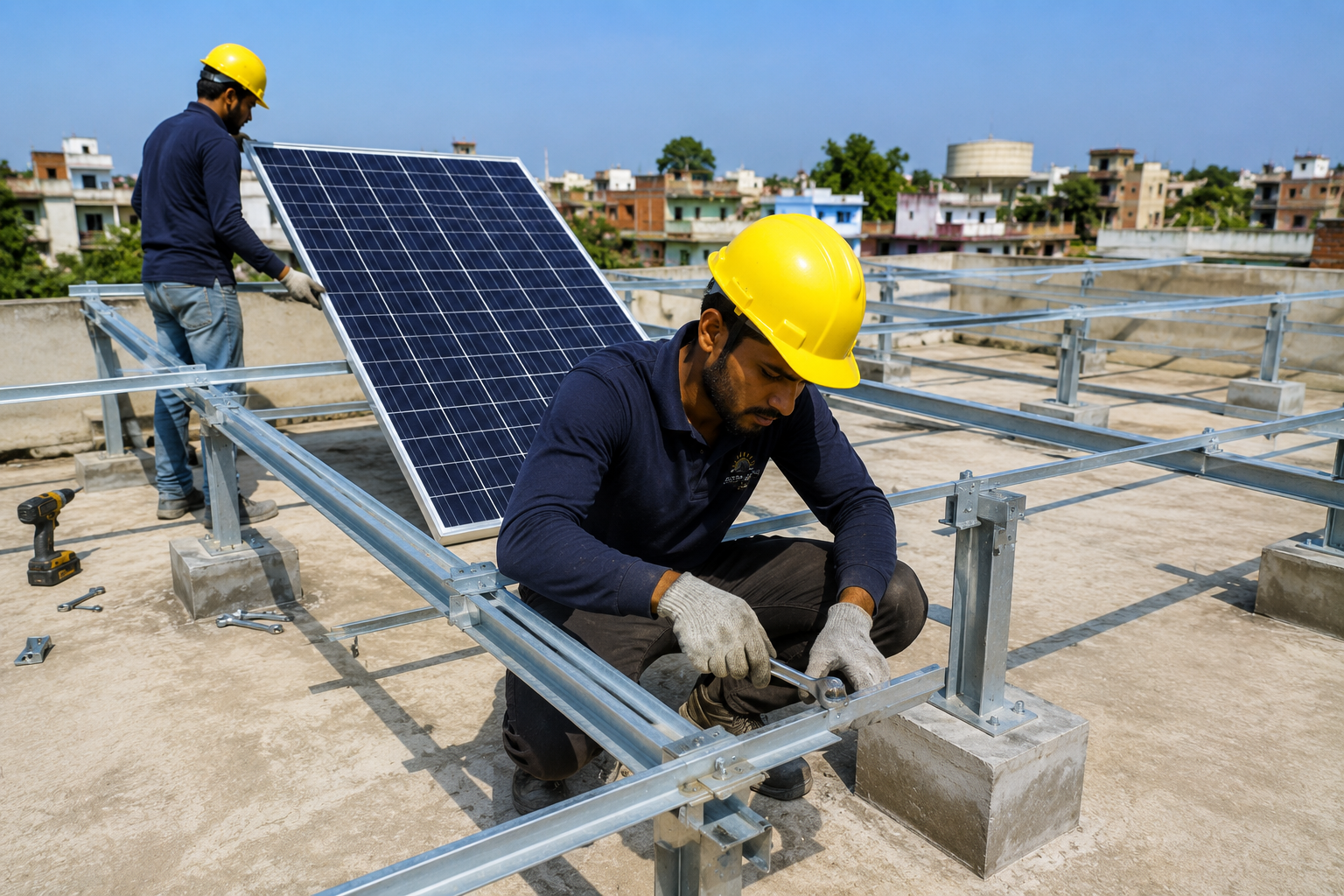 Technician mounting solar panel bracket